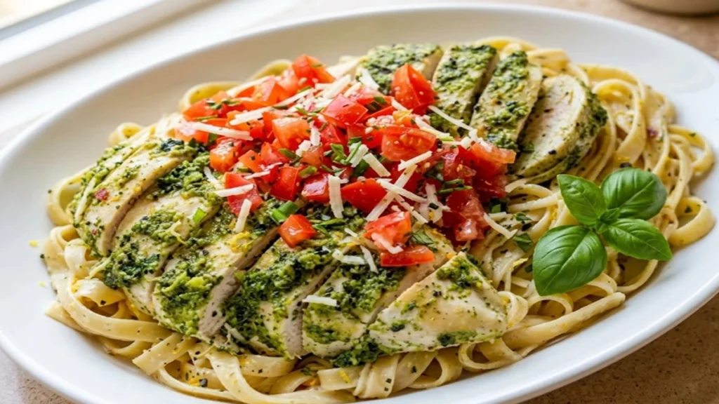Best Healthy Chicken Pesto Pasta served with grilled chicken, fresh basil pesto, parmesan cheese, and diced tomatoes on creamy pasta.