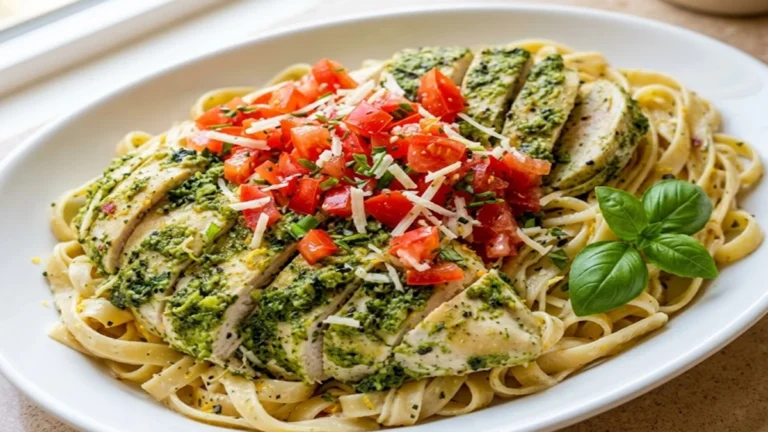 Best Healthy Chicken Pesto Pasta served with grilled chicken, fresh basil pesto, parmesan cheese, and diced tomatoes on creamy pasta.