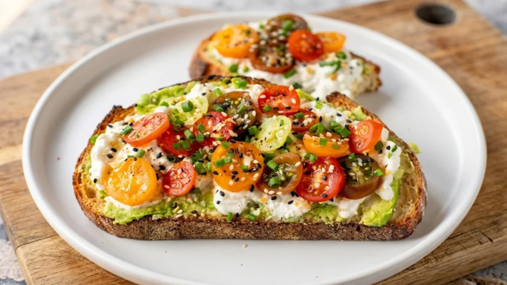 Best Mediterranean Cottage Cheese Toast topped with avocado, cherry tomatoes, cottage cheese, sesame seeds, and fresh chives on crispy artisan toast.