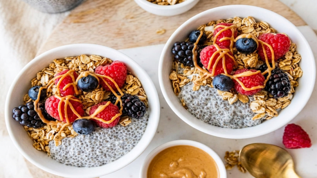 Two white bowls filled with the best chia seed protein pudding, layered with crunchy granola, fresh raspberries, blueberries, blackberries, and a creamy peanut butter drizzle.