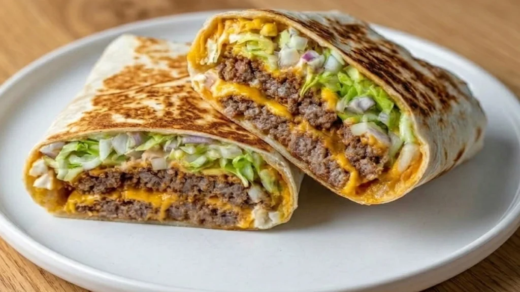 Close-up of two halves of a toasted Easy Big Mac Wrap Recipe on a white plate, showing layers of ground beef, melted cheese, lettuce, and onions.