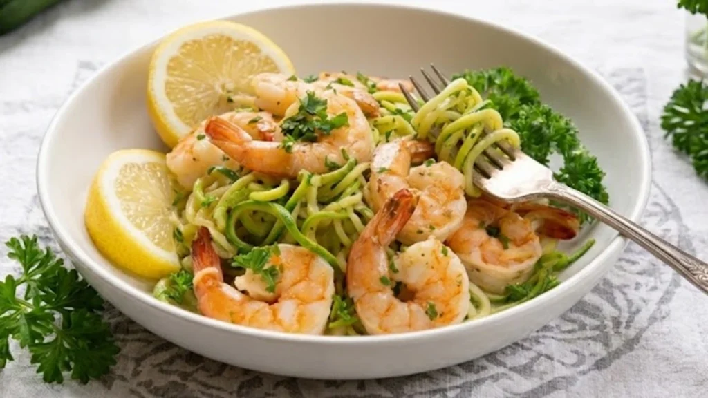 Garlic Shrimp Zucchini Noodles served in a bowl with lemon slices and fresh parsley, a healthy low carb shrimp recipe.