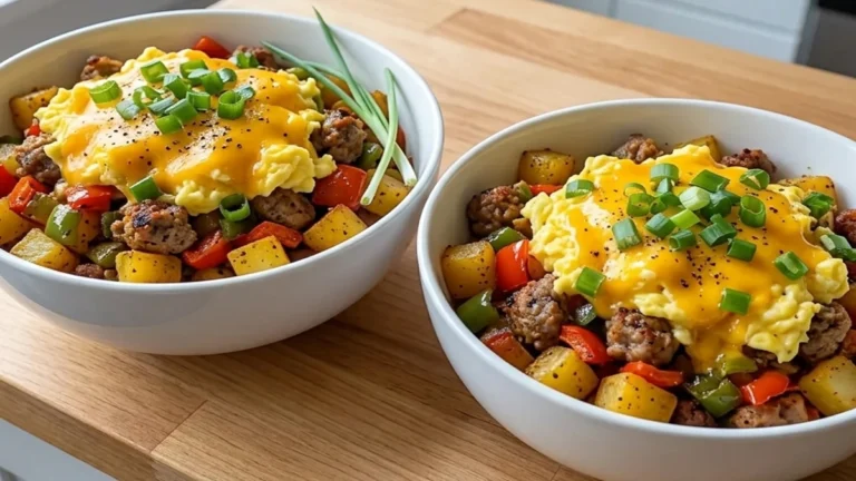 Easy High Protein Freezer Friendly Bowls with scrambled eggs, sausage, potatoes, bell peppers, and green onions in white bowls on a wooden kitchen counter.