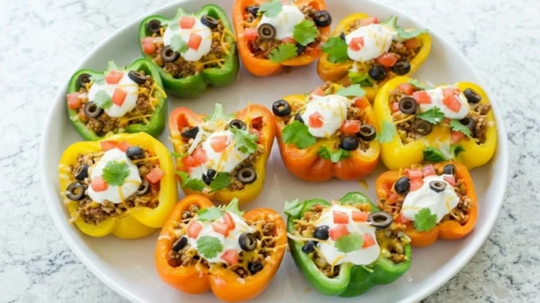 A white plate filled with colorful Keto Taco Stuffed Bell Peppers using green, orange, and yellow peppers, topped with sour cream, diced tomatoes, black olives, and fresh cilantro.