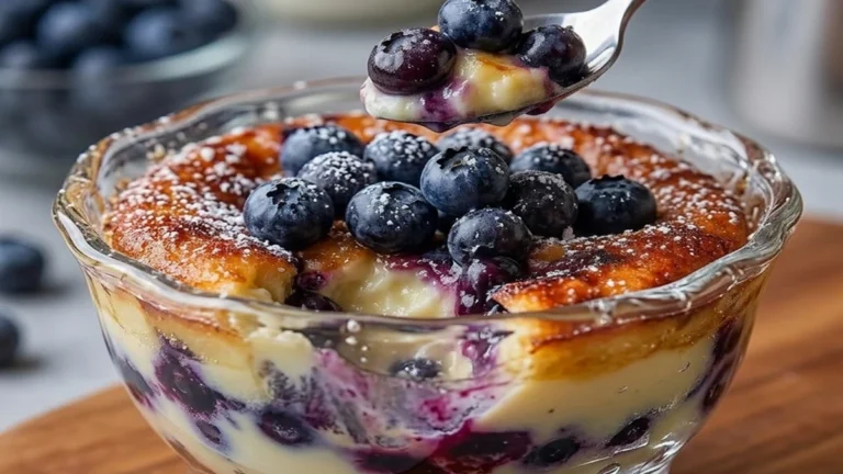 Close-up of a delicious Baked Blueberry Cottage Cheese Breakfast Bowls served in a glass bowl, with a spoon lifting a bite of creamy fruit and cheese.