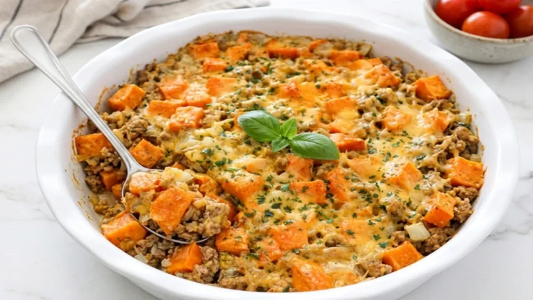 Close-up of the Best Ground Turkey Sweet Potato Bake in a white round ceramic dish, showing melted cheese, roasted sweet potato cubes, and garnished with fresh basil leaves.