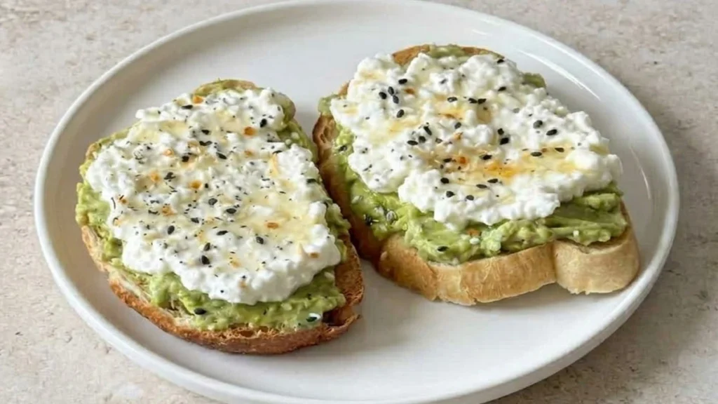 Best High-Protein Avocado Toast topped with cottage cheese, mashed avocado, and seasoning on toasted bread, a healthy high protein breakfast idea.
