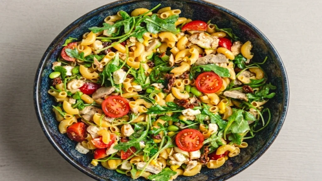 Best High Protein Pasta Salad with chicken, cherry tomatoes, arugula, and fresh vegetables in a healthy bowl.