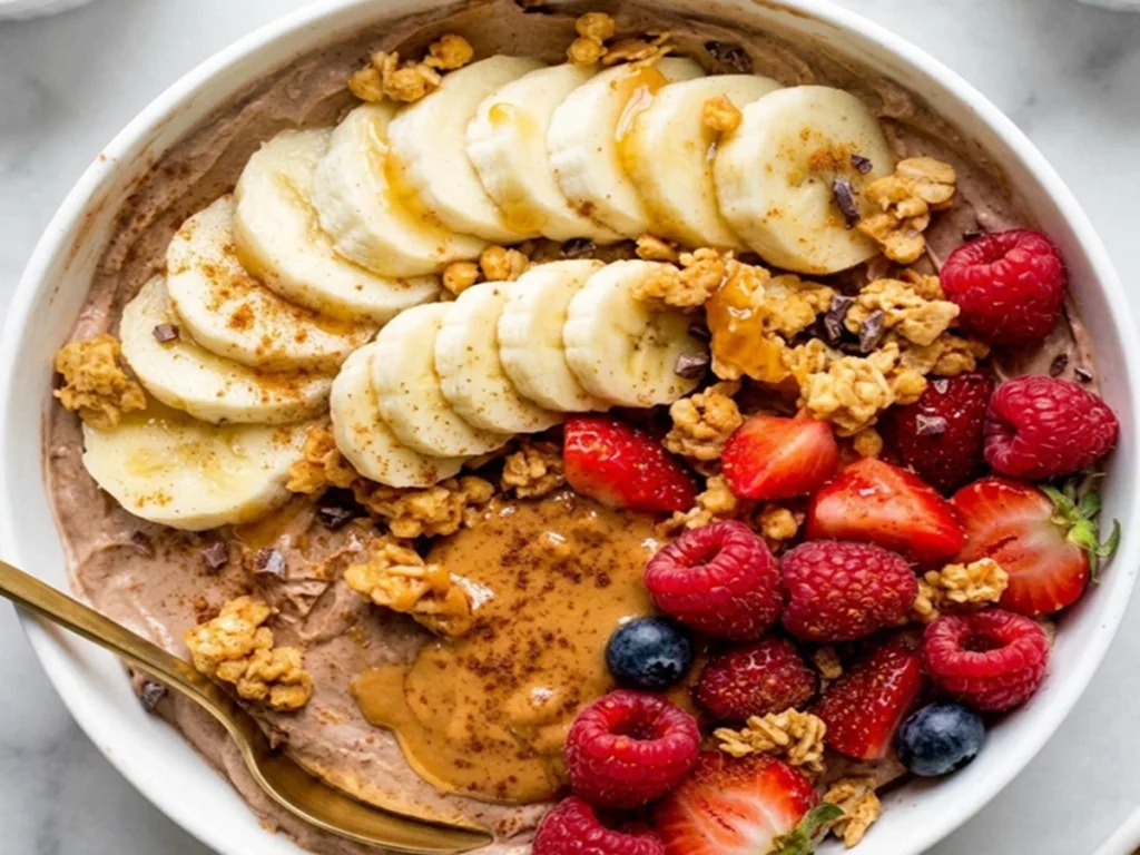 Best Skyr Yogurt Breakfast Bowl topped with banana slices, strawberries, raspberries, granola and peanut butter for a high protein healthy breakfast.