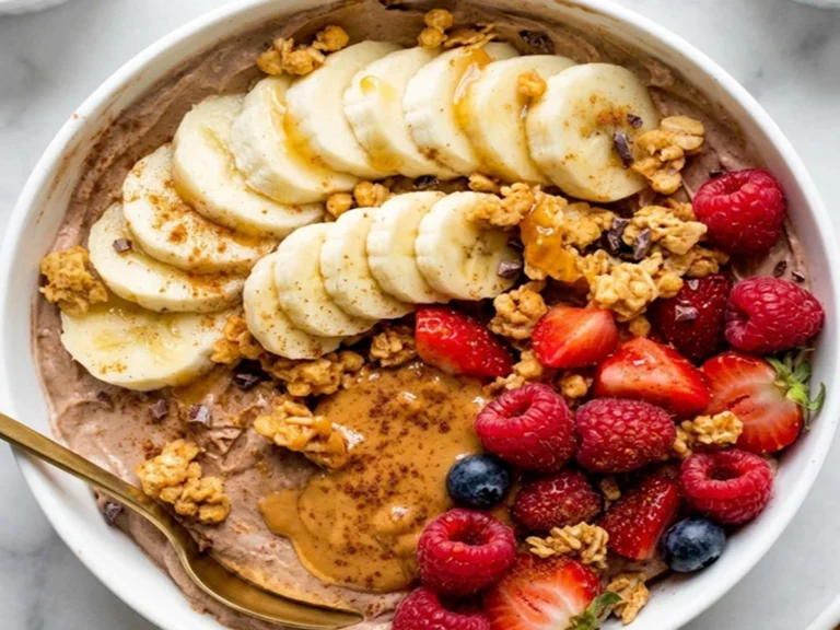 Best Skyr Yogurt Breakfast Bowl topped with banana slices, strawberries, raspberries, granola and peanut butter for a high protein healthy breakfast.