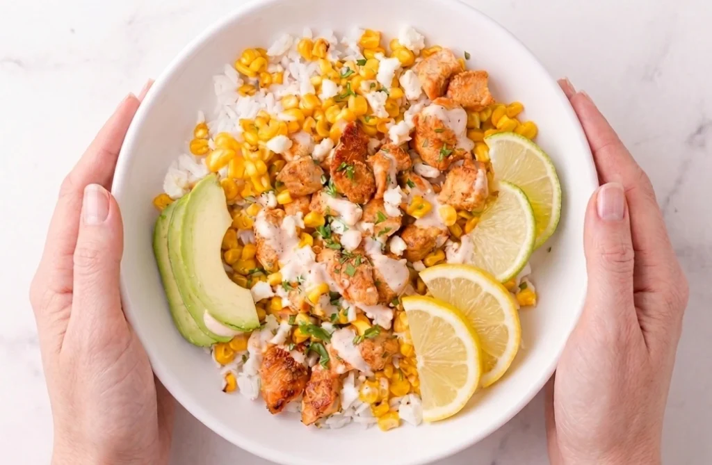 Best Street Corn Chicken Bowl with grilled chicken, corn, rice, avocado, lime and creamy sauce in a healthy Mexican style bowl.