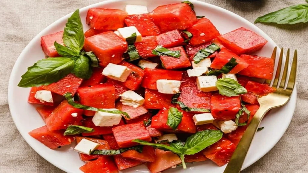 Best Watermelon Feta Salad with fresh basil, juicy watermelon cubes, and creamy feta cheese refreshing summer healthy salad.