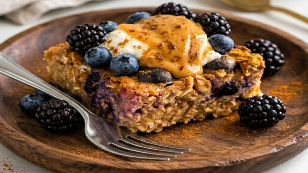 Cinnamon Cottage Cheese Oatmeal Bake topped with yogurt, blueberries, and blackberries on a wooden plate.