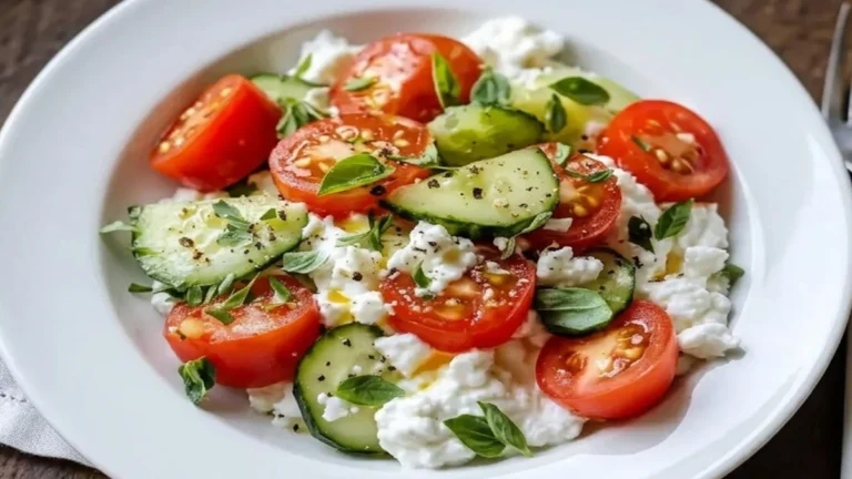 Fresh Cottage Cheese and Tomato Bowl with cucumber slices, cherry tomatoes, herbs, and olive oil served in a white bowl for a healthy high-protein breakfast.