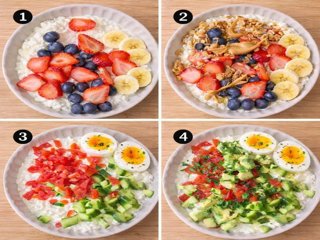 Cottage Cheese Breakfast Bowl variations with sweet fruits, banana, granola and savory toppings like egg, avocado, cucumber and tomatoes.