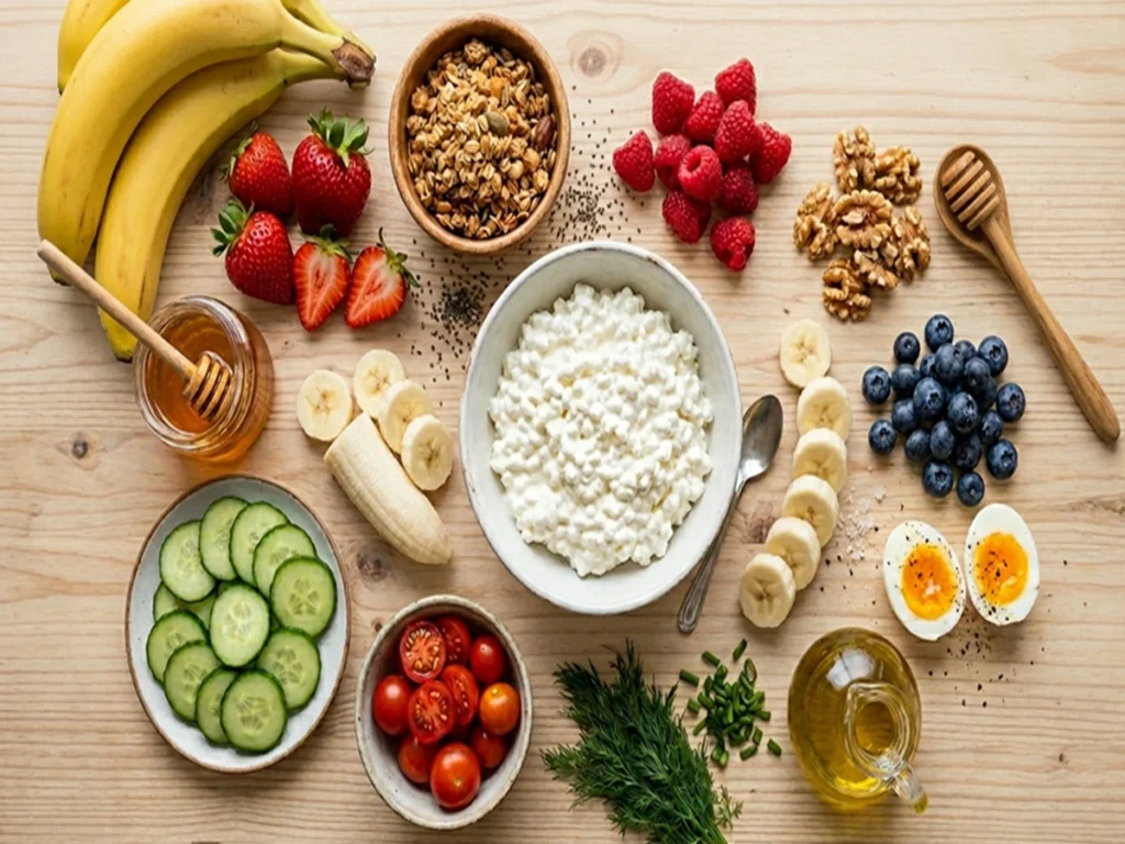 Flat lay of Cottage Cheese Breakfast Bowl ingredients including banana, berries, granola, cucumber, eggs, and honey on a wooden table
