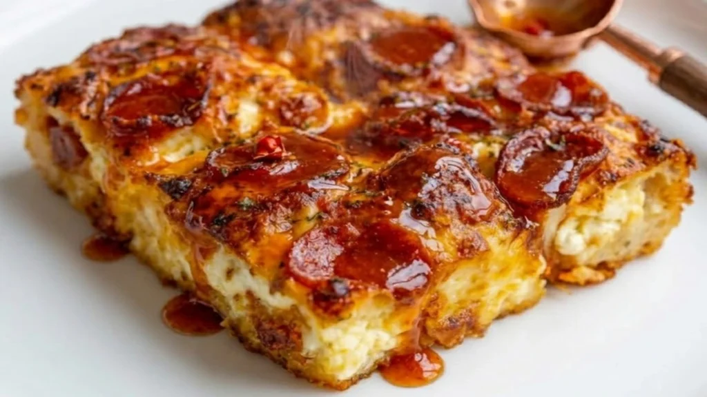 Close-up of a cheesy Cottage Cheese Pizza Bake topped with crispy pepperoni and a spicy honey drizzle on a white plate.