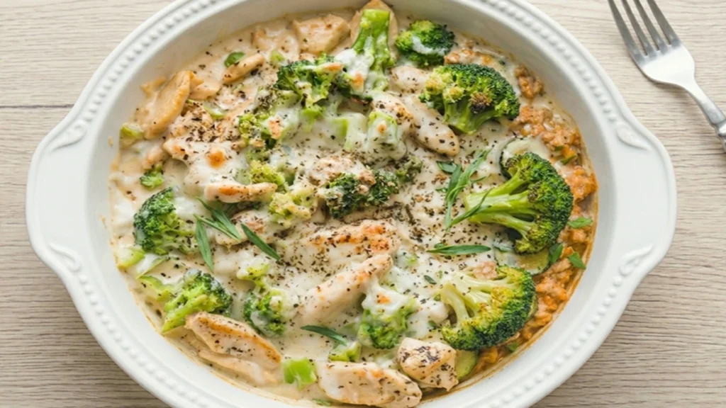 A Delicious Creamy Keto Chicken Alfredo Broccoli Bake with melted cheese and fresh herbs, served in a white ceramic dish on a light wooden table.