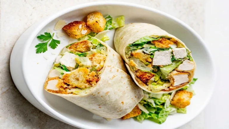 Top-down view of two halves of a Crispy Chicken Caesar Wrap in a white bowl, filled with breaded chicken, romaine lettuce, parmesan cheese, and croutons.