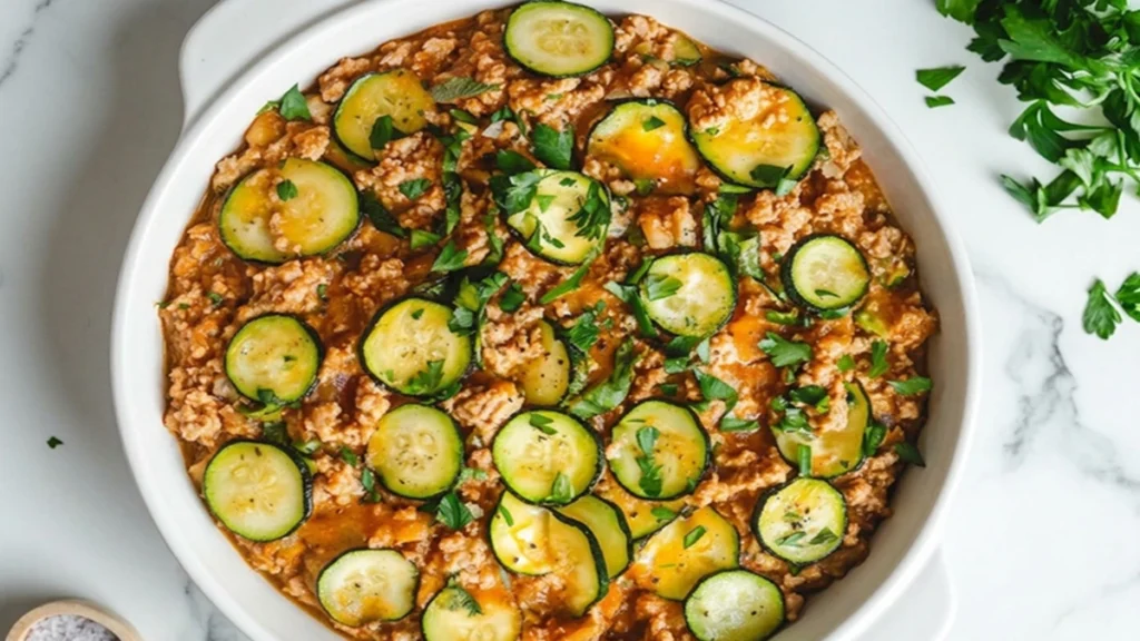 A Delicious Ground Turkey and Zucchini Skillet served in a white ceramic baking dish on a marble countertop, garnished with fresh parsley and sliced zucchini rounds.