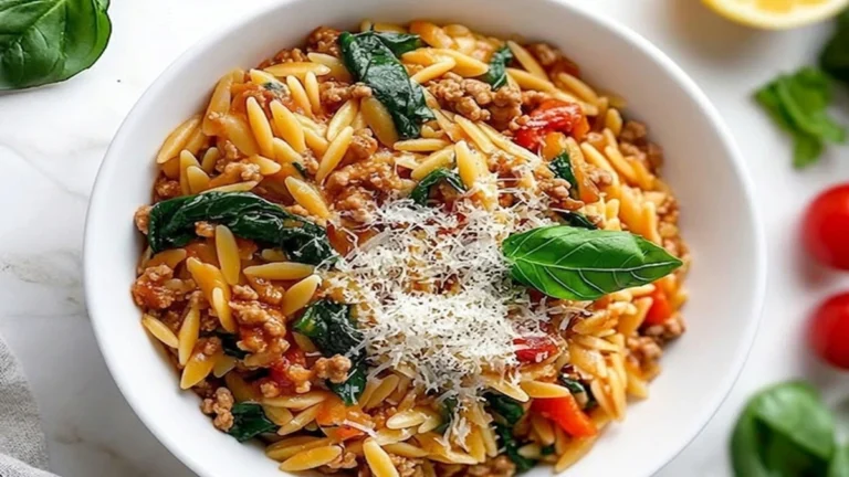 Easy Ground Turkey Spinach Orzo served in a white bowl with tender orzo pasta, seasoned ground turkey, fresh spinach, tomatoes, parmesan cheese, and basil.