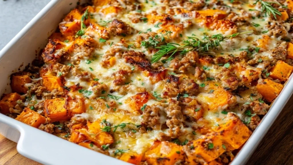 Close-up shot of a baked Easy Low Carb Chicken Casserole in a white ceramic dish, featuring roasted butternut squash cubes, ground chicken, melted cheese, fresh thyme, and rosemary sprigs.