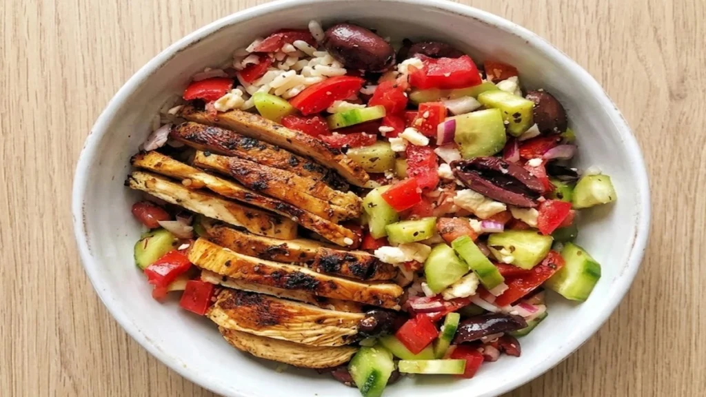 Greek Chicken Salad Bowl with grilled chicken, cucumber, olives, red peppers, and feta cheese in a healthy high protein meal.