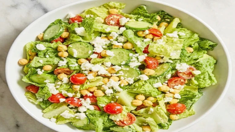 Green Goddess Chickpea Salad with cucumber, cherry tomatoes, feta cheese and fresh romaine lettuce in a healthy bowl.