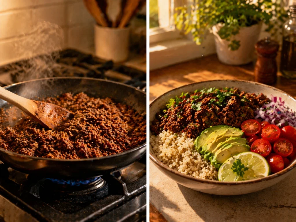Ground Beef Protein Bowl cooking process with skillet beef and finished bowl with rice, avocado, tomatoes and fresh toppings.