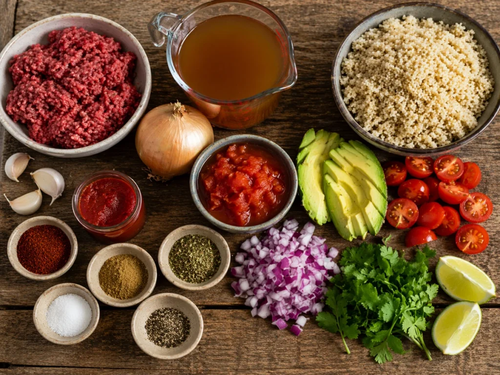 Ground Beef Protein Bowl ingredients including raw ground beef, rice, avocado, tomatoes, spices and fresh herbs on wooden table.