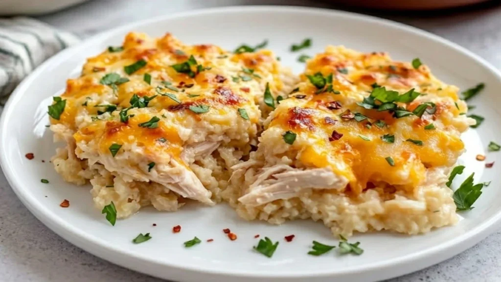 Healthy Chicken Cauliflower Rice Casserole baked with shredded chicken, cheesy melted topping, and fresh parsley garnish served on a white plate.