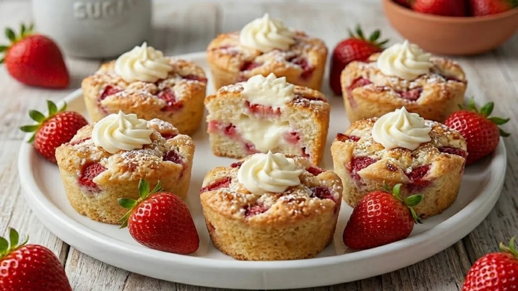Soft and healthy strawberry protein muffins arranged on a white plate, topped with cream and accompanied by fresh strawberries.