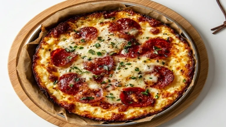High-Protein Cottage Cheese Pizza Bowl avec pepperoni croustillant et herbes fraîches sur une planche en bois.
