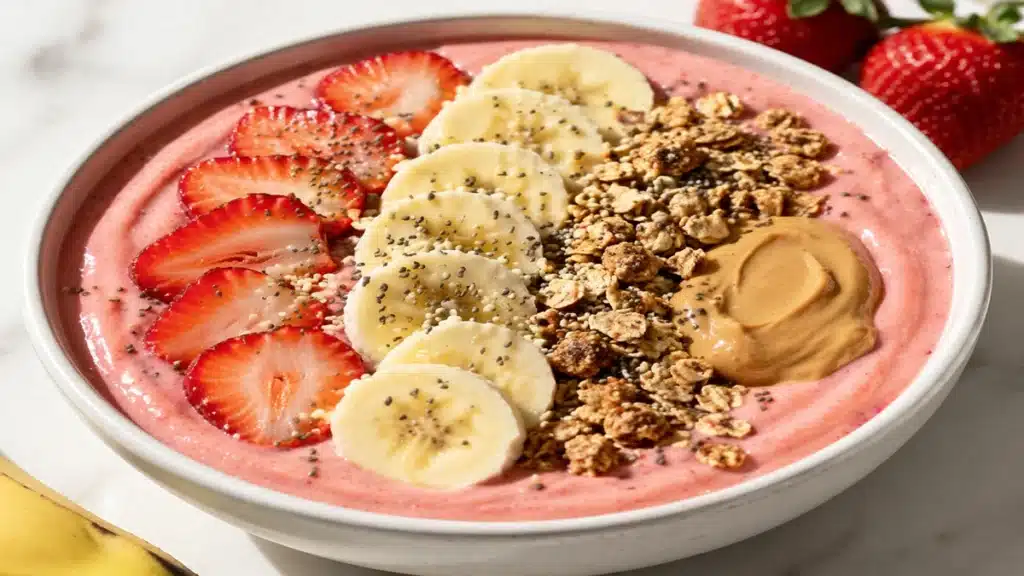 High Protein Smoothie Bowl with strawberry, banana, granola and peanut butter in a healthy breakfast bowl.