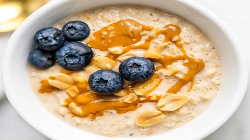 A white bowl filled with creamy Peanut Butter Overnight Oats topped with fresh blueberries, crushed peanuts, and a drizzle of melted peanut butter.