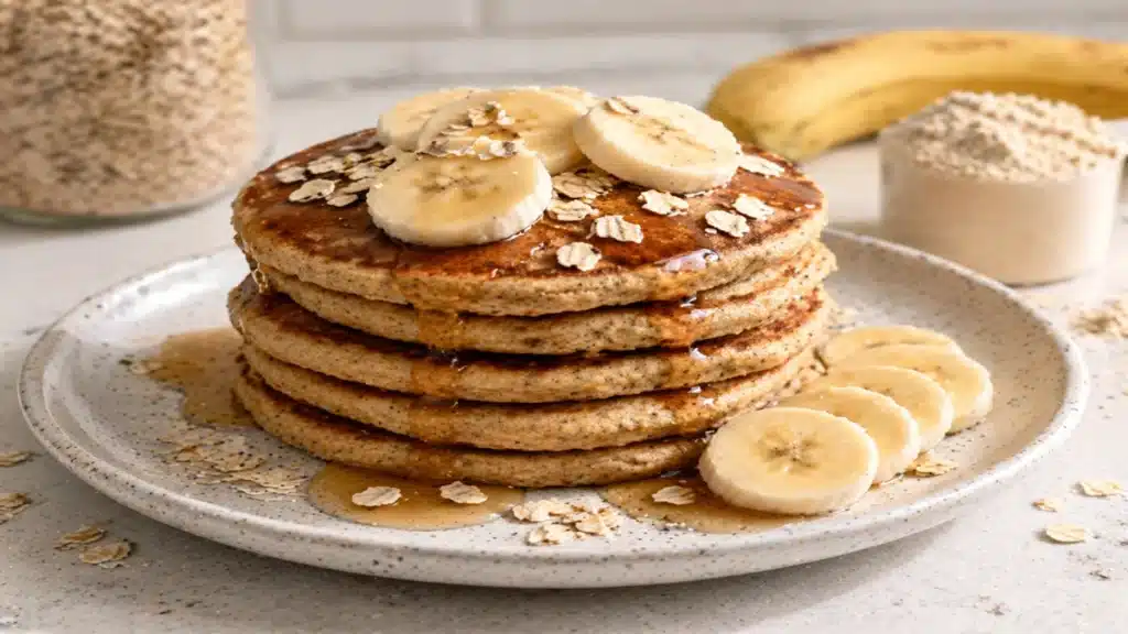 Protein Pancakes Banana Oats topped with banana slices, oats and honey on a healthy breakfast plate.