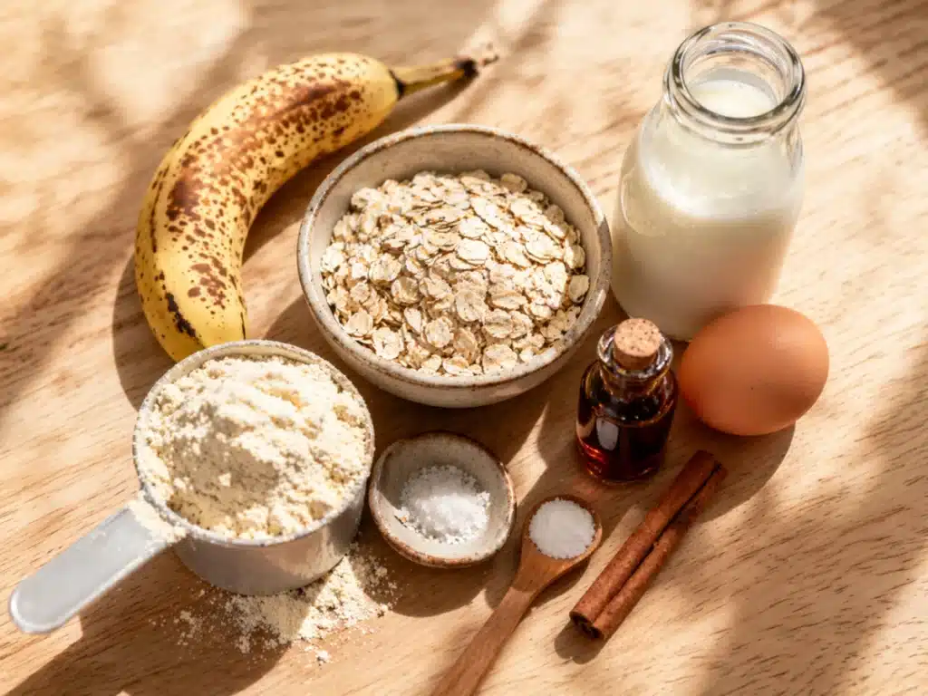 Protein Pancakes Banana Oats ingredients including ripe banana, oats, protein powder, egg, almond milk and cinnamon on wooden table.