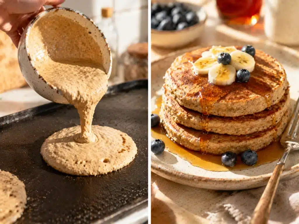 Protein Pancakes Banana Oats preparation showing batter poured on griddle and finished pancakes with banana and syrup.