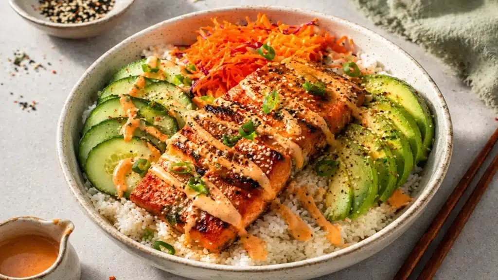 Salmon Rice Bowl with Spicy Mayo topped with avocado, cucumber, shredded carrots and sesame seeds on white rice.