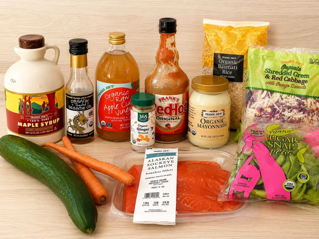 Salmon Rice Bowl with Spicy Mayo ingredients including raw salmon, rice, vegetables, and sauces on wooden table.