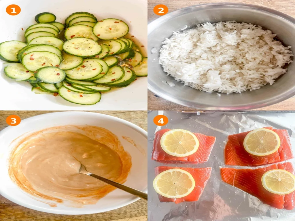 Salmon Rice Bowl with Spicy Mayo step by step showing cucumber, rice, spicy mayo sauce and seasoned salmon preparation.