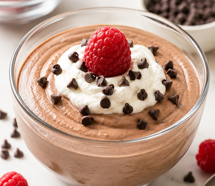 3-Ingredient Cottage Cheese Mousse served in a clear glass bowl, topped with whipped cream, chocolate chips, and fresh raspberries for a creamy high-protein dessert.
