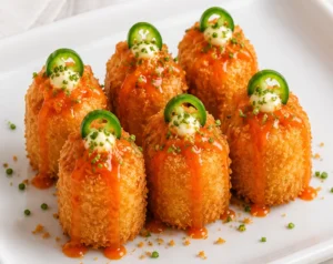 Crispy Ahi Tuna Shots Appetizer Recipe topped with spicy sauce, creamy mayo, jalapeño slices, and fresh chives on a white serving plate.