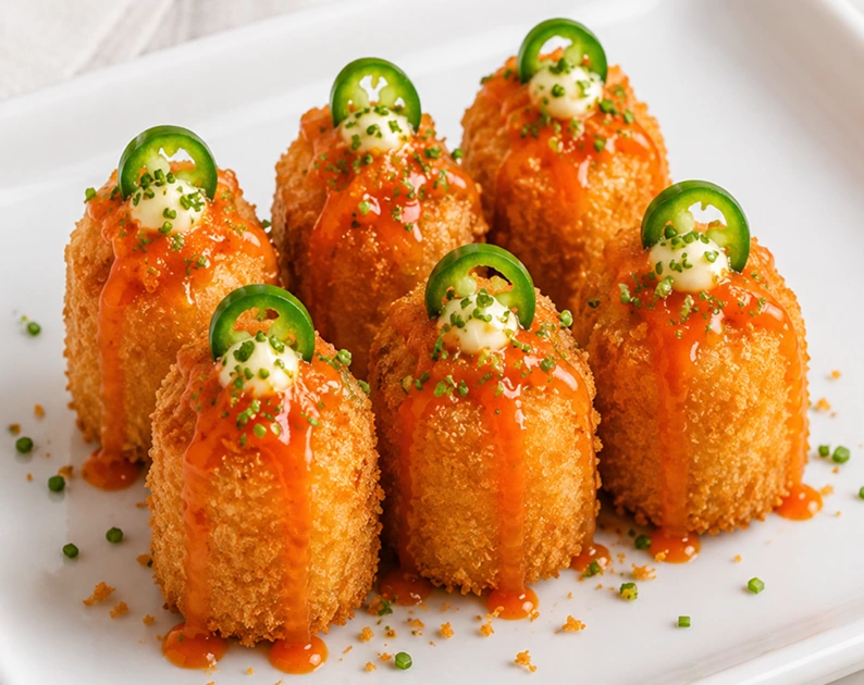 Crispy Ahi Tuna Shots Appetizer Recipe topped with spicy sauce, creamy mayo, jalapeño slices, and fresh chives on a white serving plate.