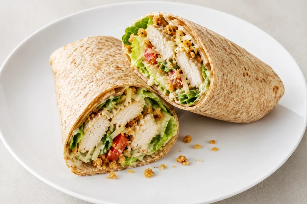 Air Fryer Chicken Caesar Wraps cut in half on a white plate with crispy chicken, romaine lettuce, parmesan cheese, and creamy Caesar dressing.
