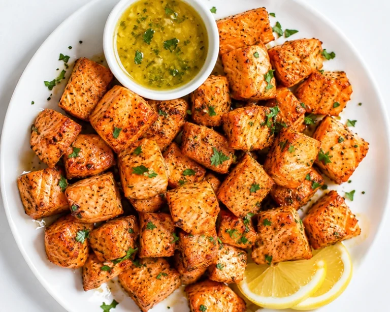 Crispy Air Fryer Garlic Butter Salmon Bites served on a white plate with lemon slices and garlic butter sauce.