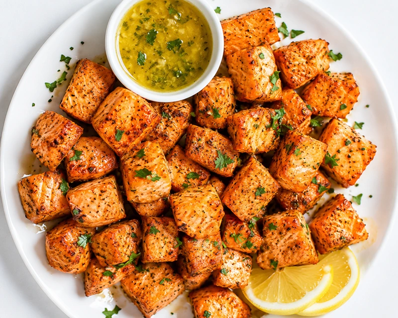 Crispy Air Fryer Garlic Butter Salmon Bites served on a white plate with lemon slices and garlic butter sauce.