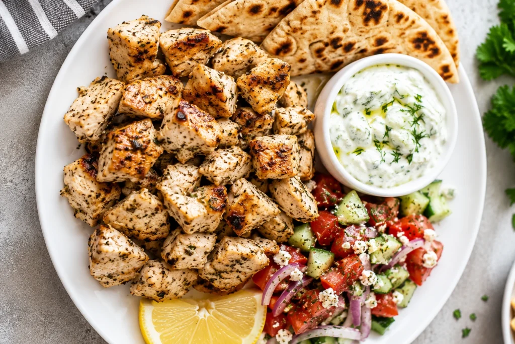 Air Fryer Greek Chicken Pitas served on a white plate with juicy seasoned chicken, creamy tzatziki sauce, fresh cucumber tomato salad, warm pita bread, and lemon wedges.