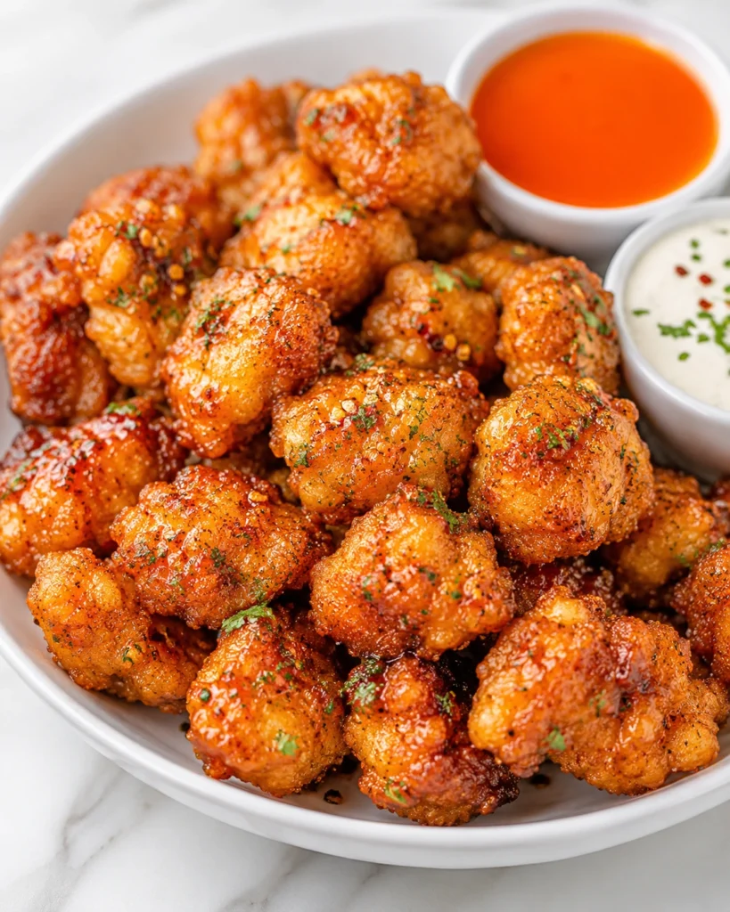 Air Fryer Hot Honey Chicken Bites served in a white bowl with hot honey glaze and creamy dipping sauce, crispy, golden, and perfectly seasoned.