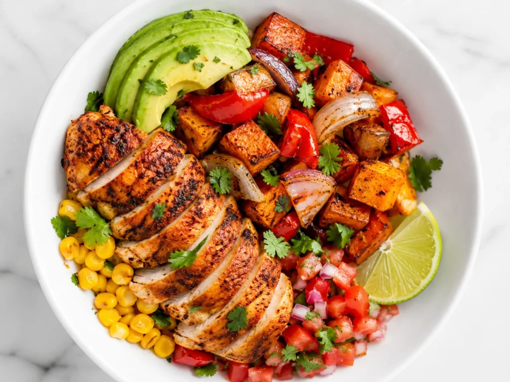 Air Fryer Sweet Potato Chicken Bowls with sliced chicken breast, roasted sweet potatoes, avocado, corn, pico de gallo, and lime in a white bowl.
